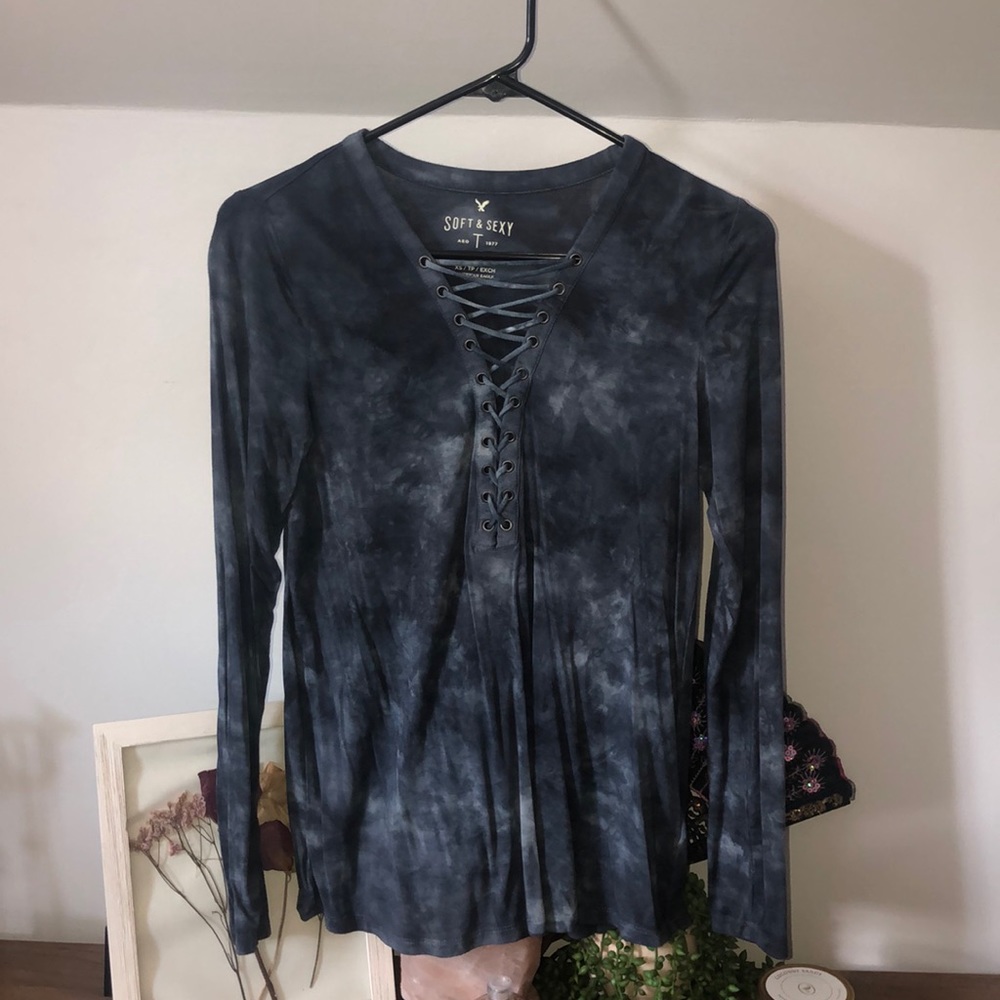 Lace Up Blue Long Sleeve Shirt - AMERICAN EAGLE